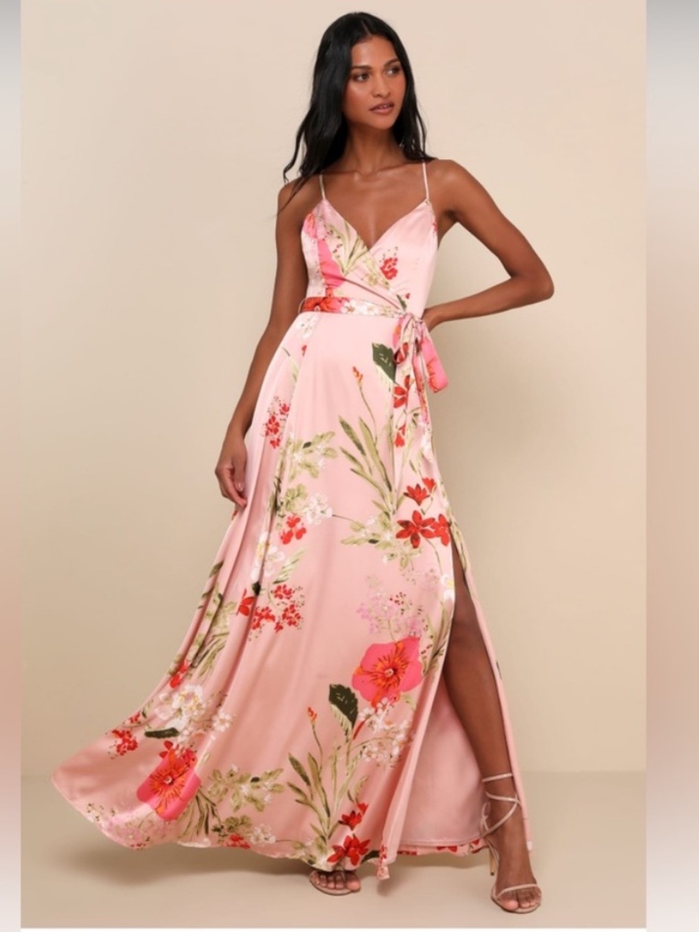 Lulu’s Still The One Floral Maxi Satin Dress Pink Size S